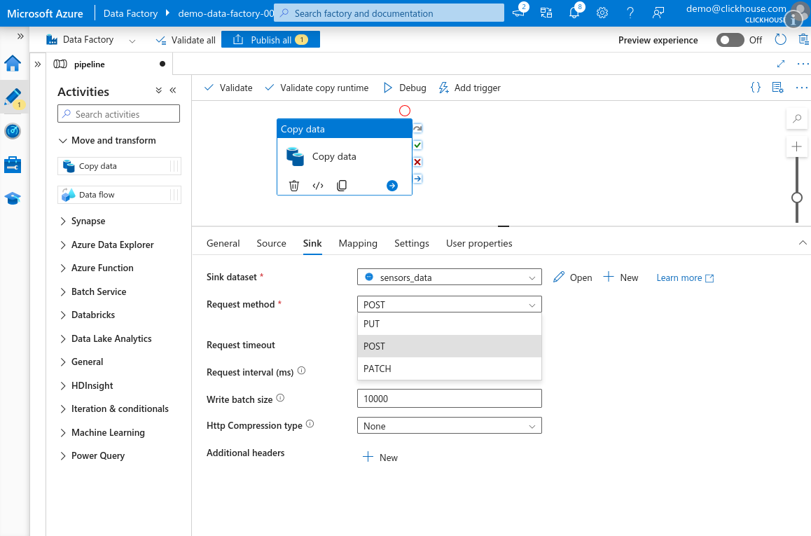 Copy Data Sink POST 선택