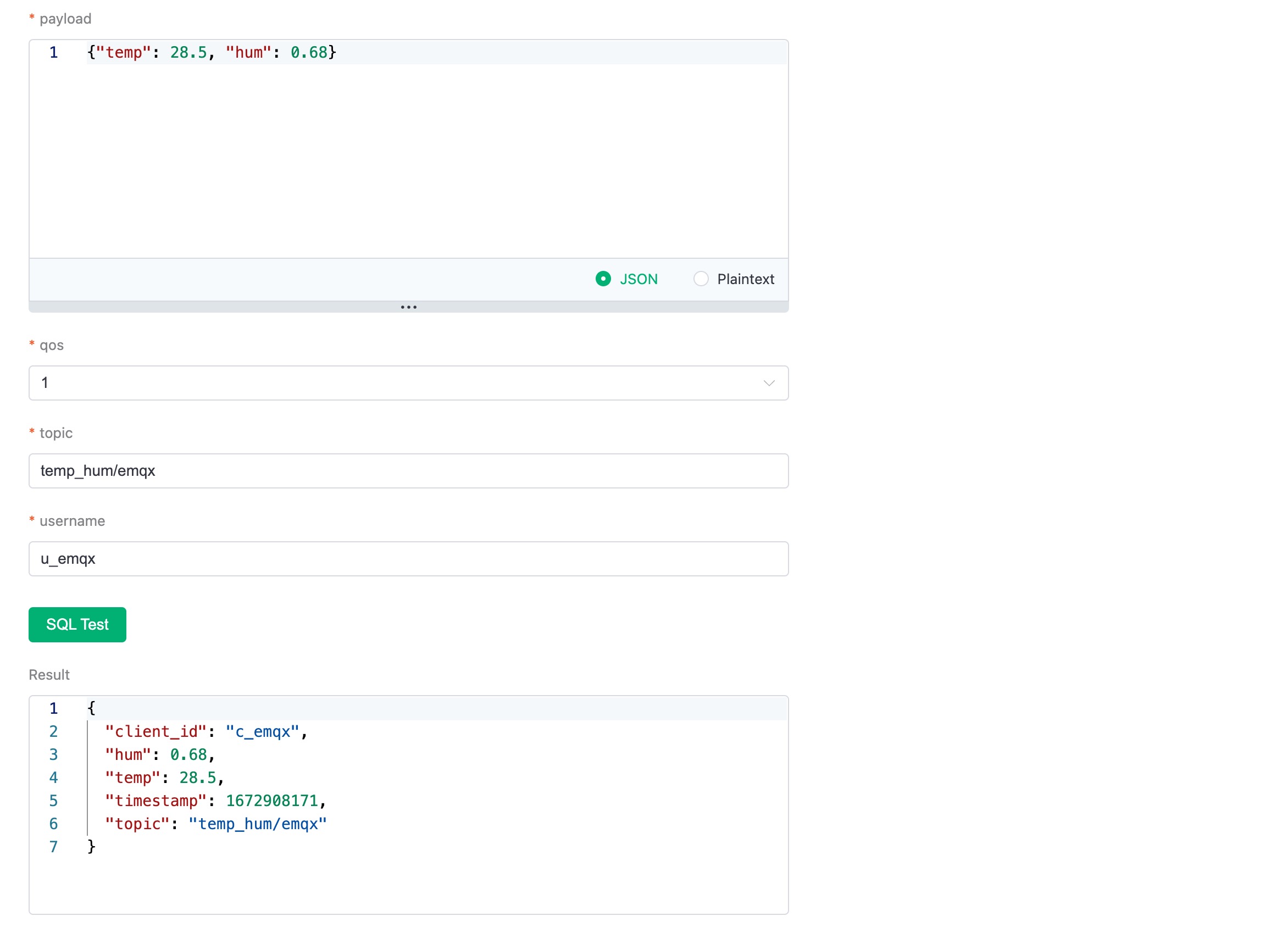 테스트 결과를 보여주는 EMQX Cloud 데이터 통합 규칙 생성 2단계